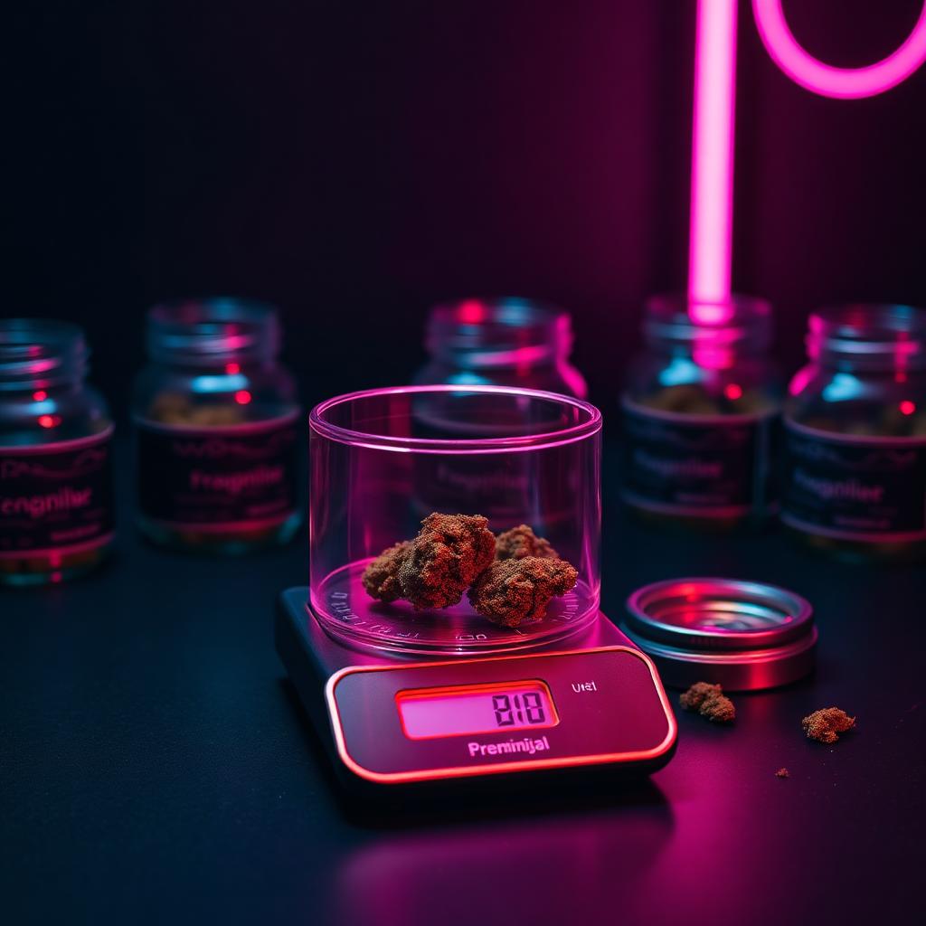 Digital scale weighing premium flower beside labeled glass jars