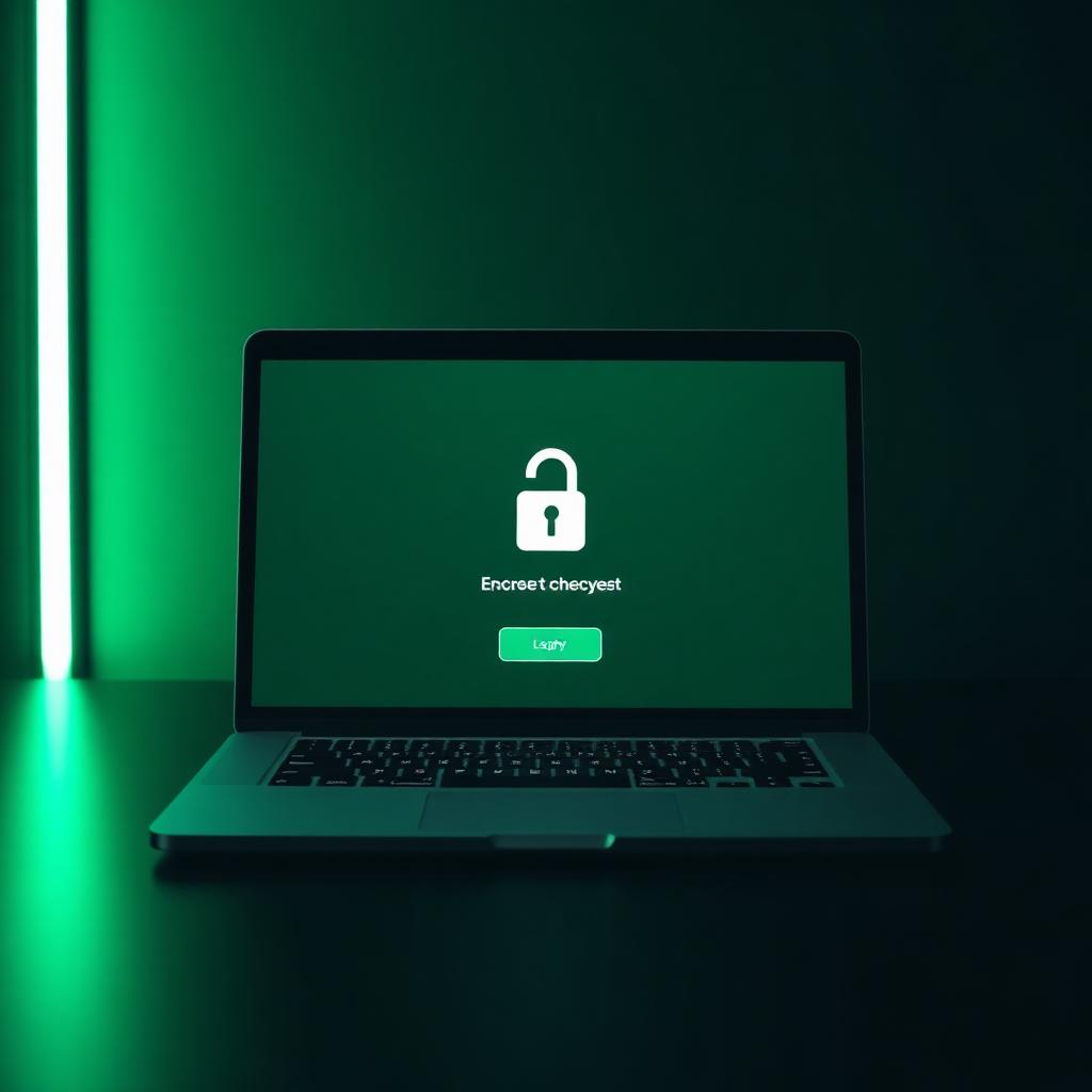 Laptop showing a secure encrypted checkout screen with green ambient light
