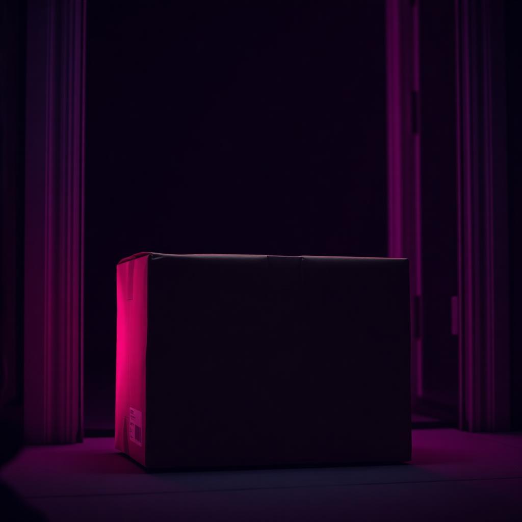 Plain unmarked shipping box illuminated by magenta light at a doorstep