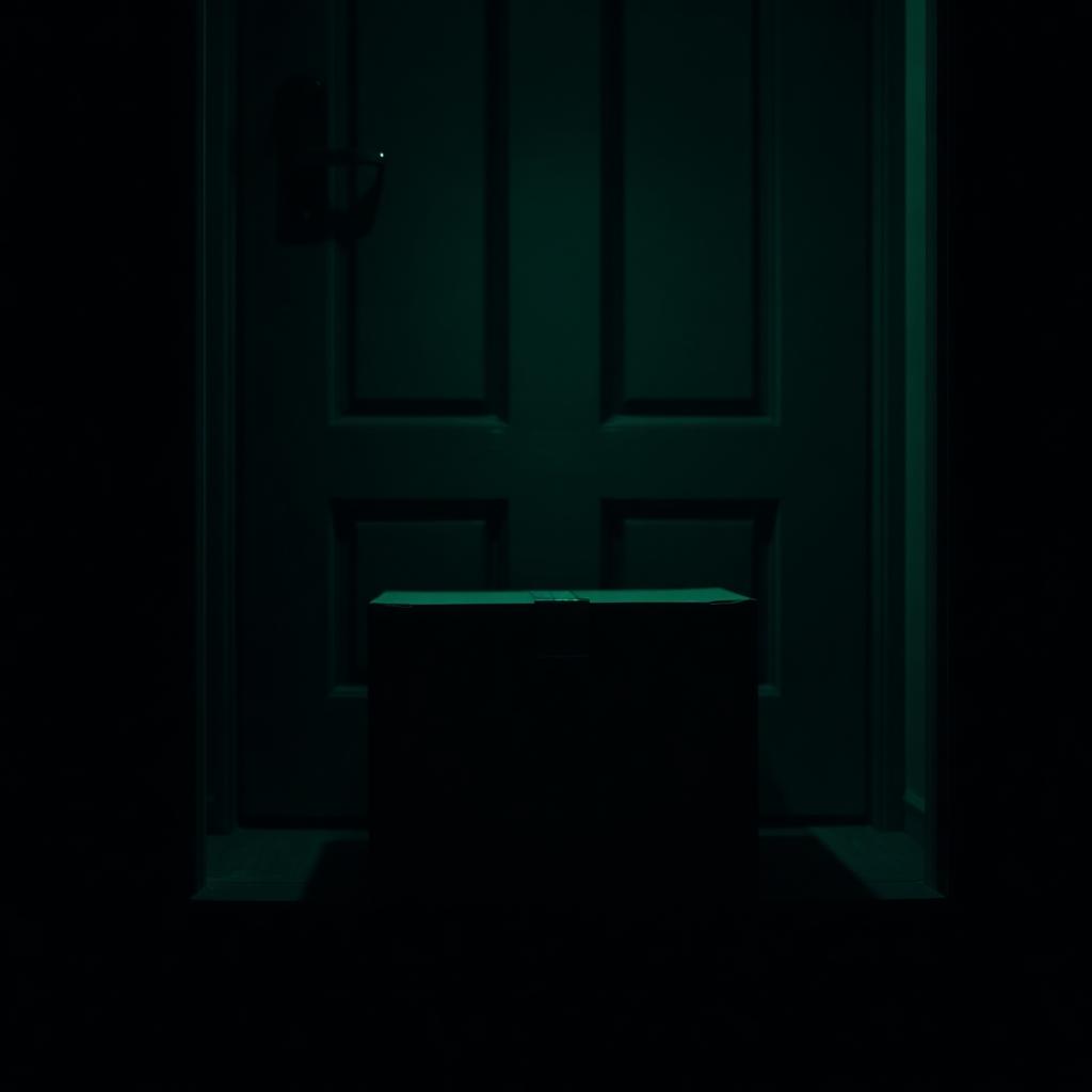 Plain unmarked shipping box on a dark doorstep under soft green light